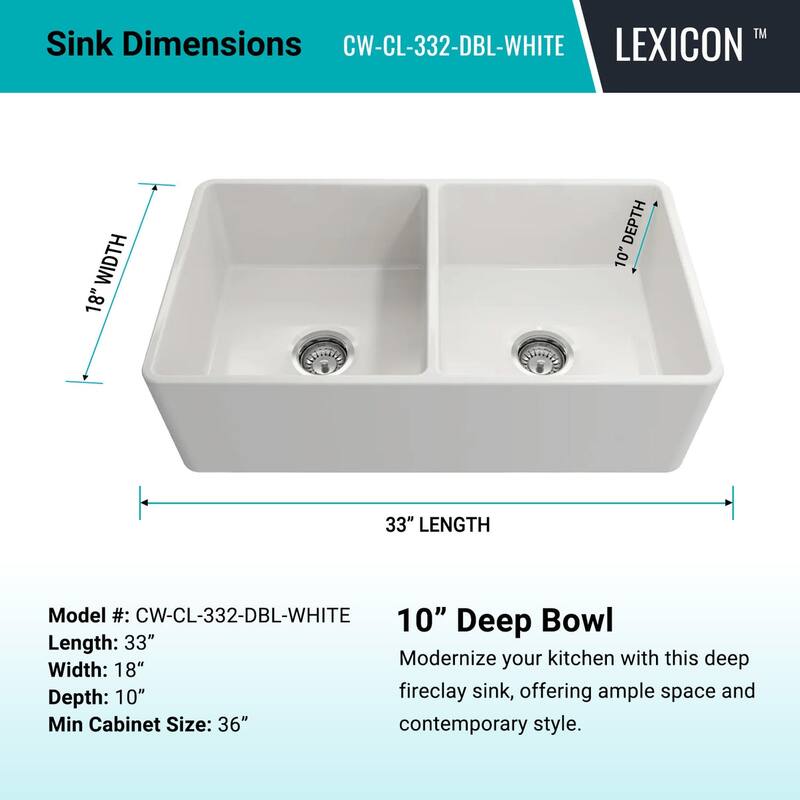 Crestwood 33" Classic Double Bowl Apron Fireclay Sink - White