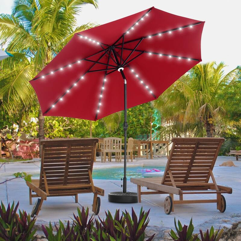 Ainfox 10ft Patio Umbrella with Lights Outdoor Solar Umbrella - Red with Base