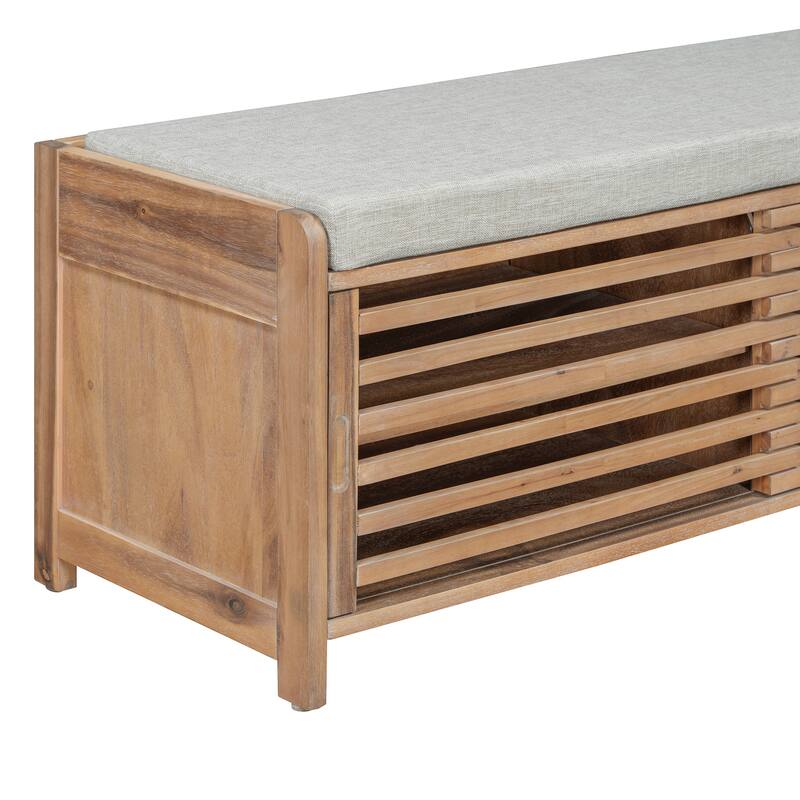 Entryway Bench Storage Shoe Bench w/ Cushion & Sliding Door, Shoe Cabinet Organizer for Living Room, 15.4" W x 43.3" D x 16.5" H