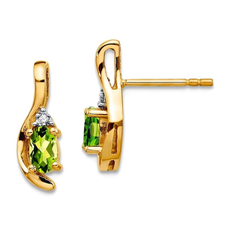 Curata 14k Yellow Gold Genuine Gemstone & Diamond Birthstone Teardrop Earrings (5x14mm) - Peridot