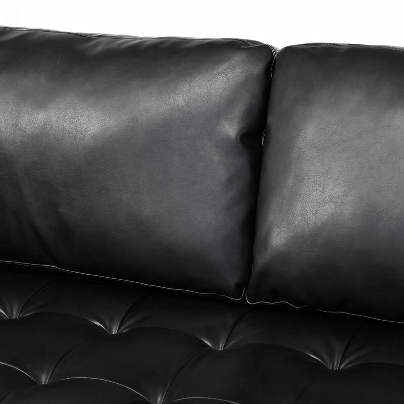 PU Leather Upholstered 3 Seater Sofa, Tufted Sofa with 2 Bolster Pillows, Lounge Sofa Chair with Solid Wood Legs