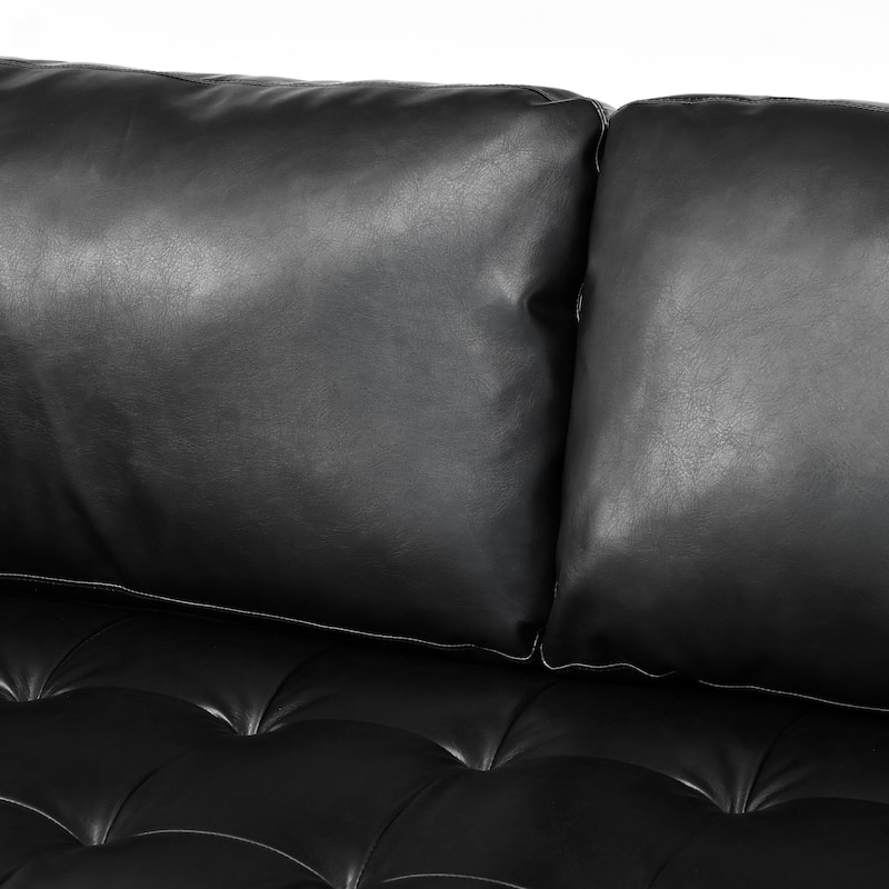 Roomfitters Mid-Century PU Leather Sofa, 3-Seater Couch with Tufted Seat, Bolster Pillows and Solid Wood Legs