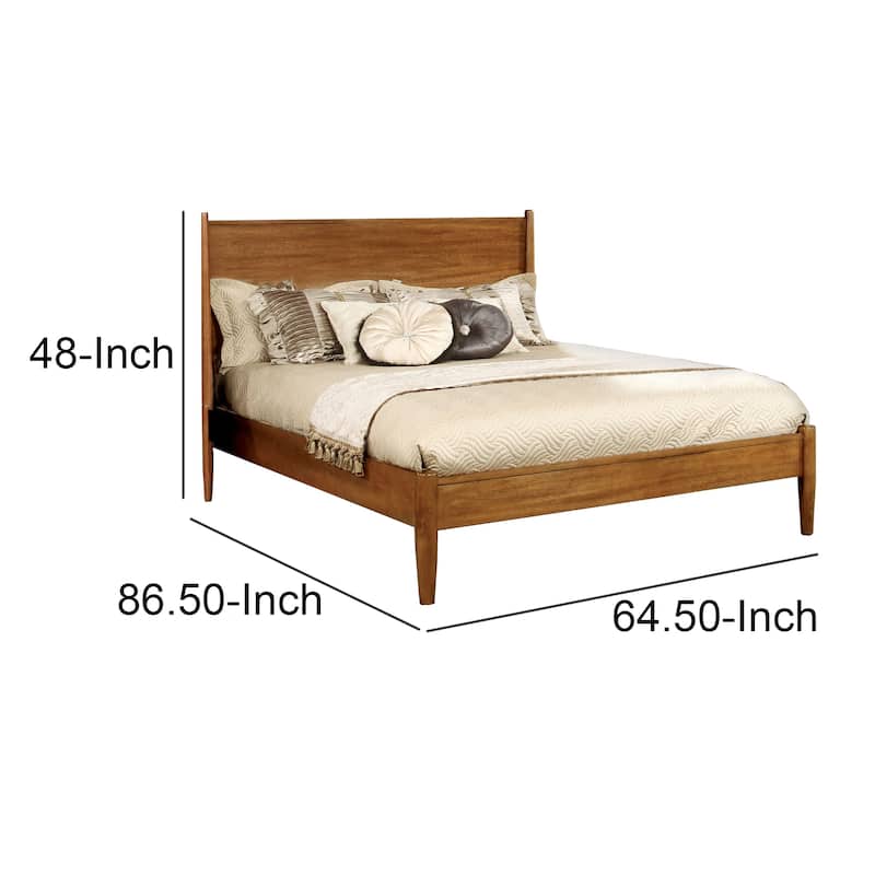 Mid Century Modern Wood Queen Bed with Round Tapered Legs, Rustic Oak