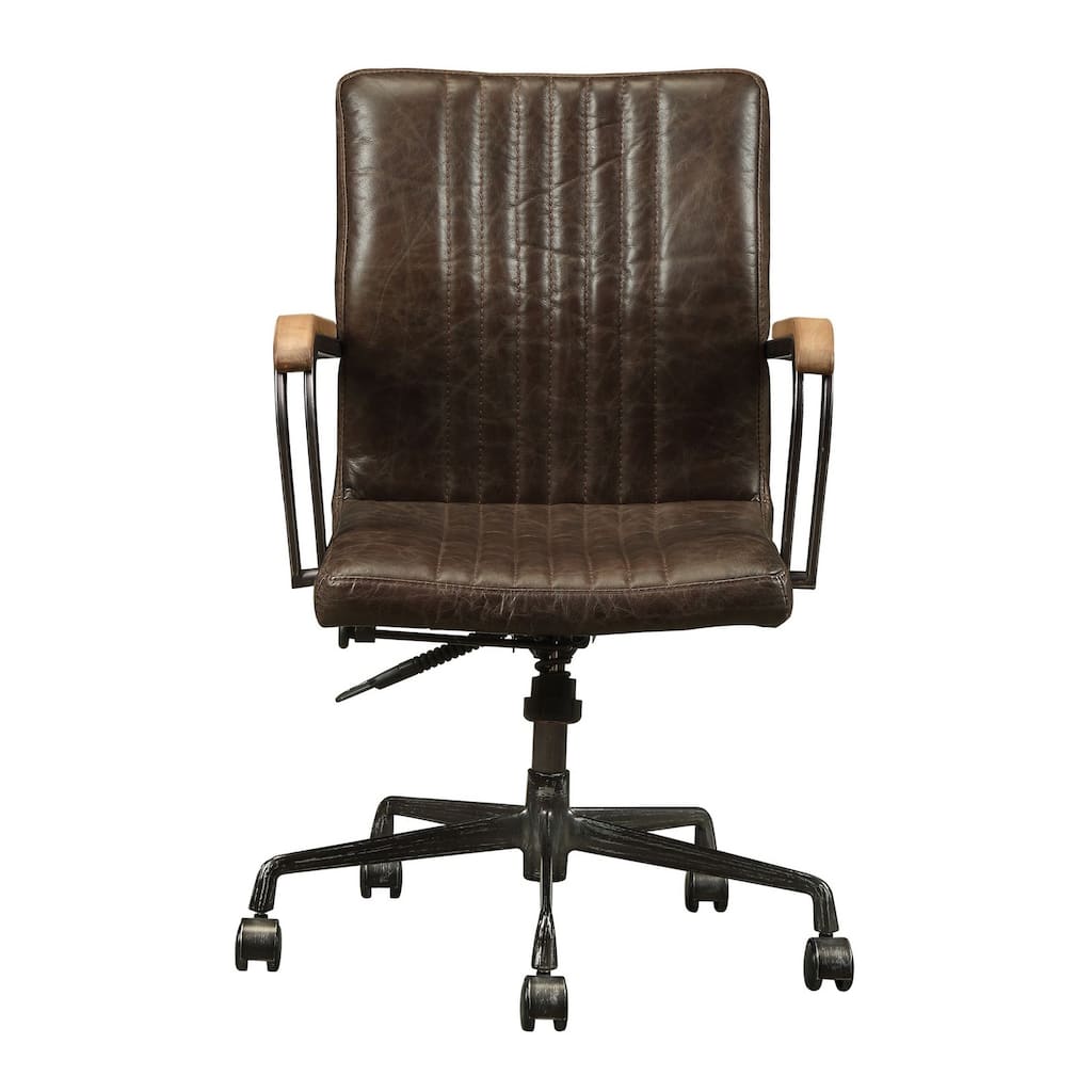 Executive Office Chair - Swivel Upholstered Desk Chair with Wood Leather Metal Frame - Brown Black Finish