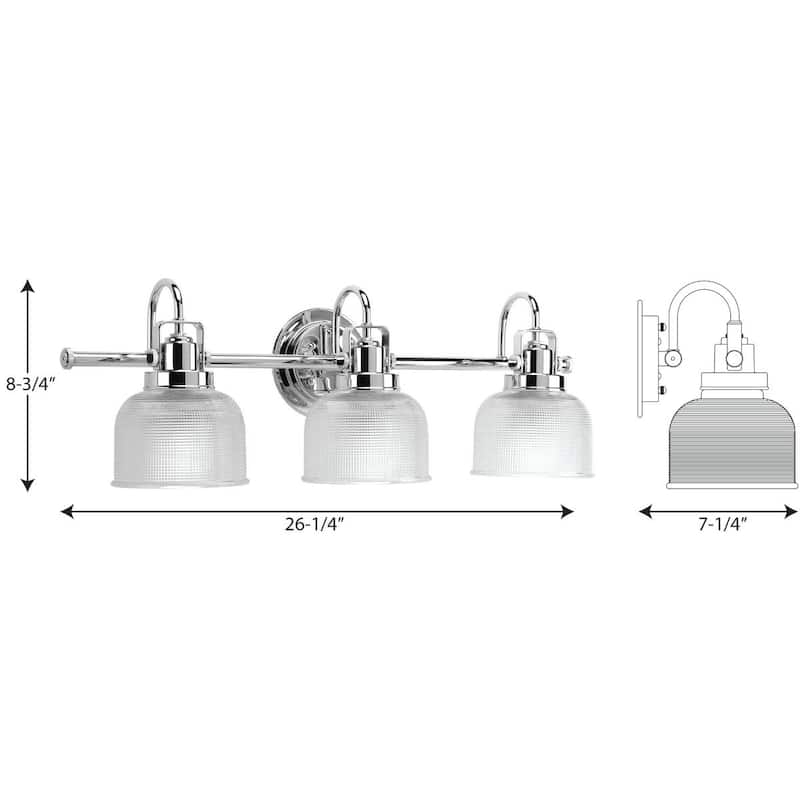 Archie Collection Three-Light Polished Chrome Clear Double Prismatic Glass Coastal Bath Vanity Light - 8.75" x 26.25" x 7.25"