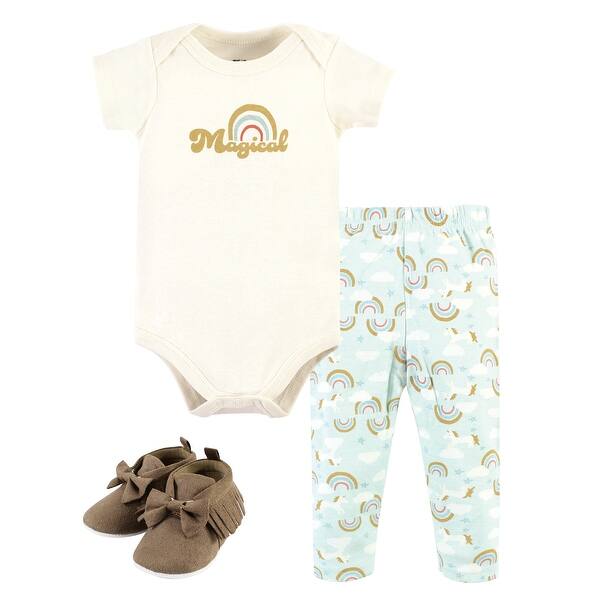 slide 1 of 1, Hudson Baby Infant Girl Cotton Bodysuit, Pant and Shoe Set, Magical Rainbow Short Sleeve 0-3 Months - Magical Rainbow Short Sleeve