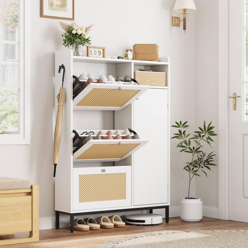 Rattan Shoe Storage Cabinet with 3 Flip Drawers - 3 Flip Drawers