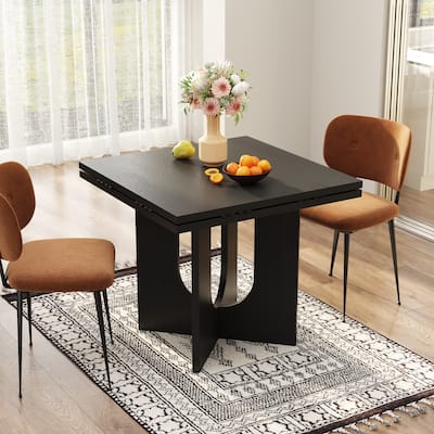 Folding Wood Grain Dining Table with Expandable Round Top Modern Sculptural Base