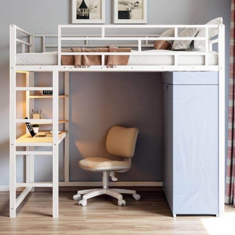 Full Size Metal Loft Bed with Workstation Desk, Built-In Shelves, LED Light Strip, Power Outlet & Hanging Wardrobe Storage - Full White - Full