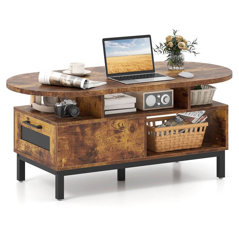 Costway 47” Oval Top Coffee Table with 4 Open Compartments & Drawer, 5 - See Details - Brown