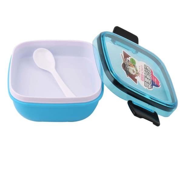 Unique Bargains Kitchen Plastic Double Layer Lunch Box Food Container Set w  Spoon Blue - Blue, White, Black - Bed Bath & Beyond - 28770977