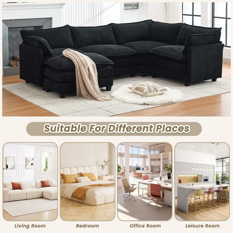 4-Seat Modular L-Shaped Corner Sectional Sofa with Ottoman, Soft Chenille Upholstery and Deep Seating for Living Room