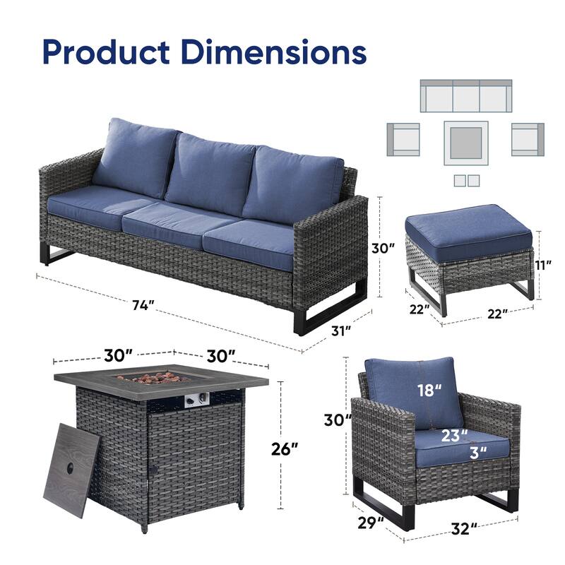 Pati Sofa with Fire Pit Table and Club Chairs