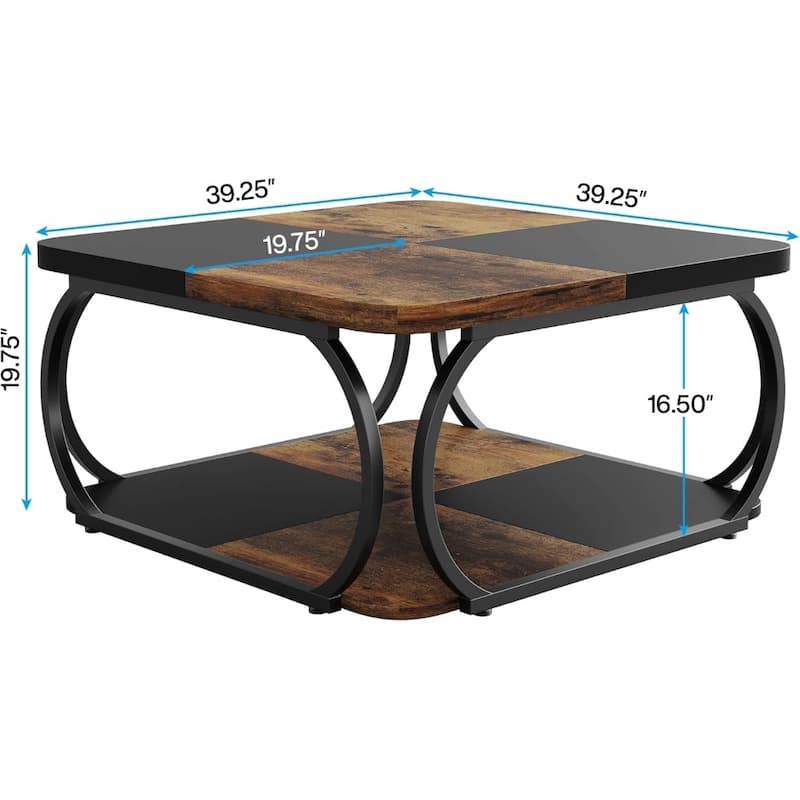 Rustic Brown and Black Square Coffee Table with Two-Tier Storage and Metal Frame for Living Room - 39.25”L x 39.25”L x 19.75”H