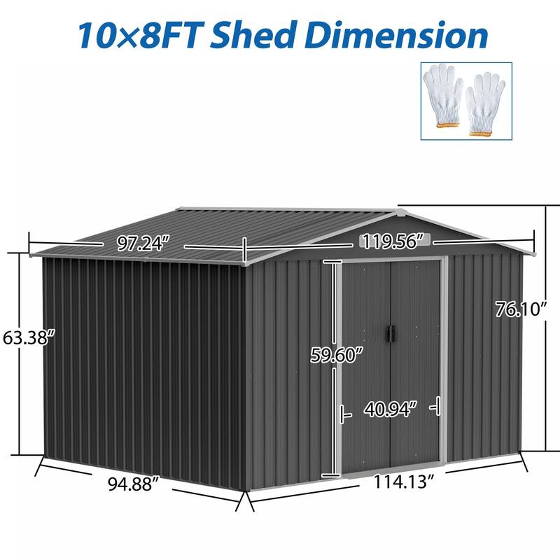 Outdoor 10 x 8 ft Grey Metal Outdoor Storage Shed with Lockable Sliding Doors and Vents