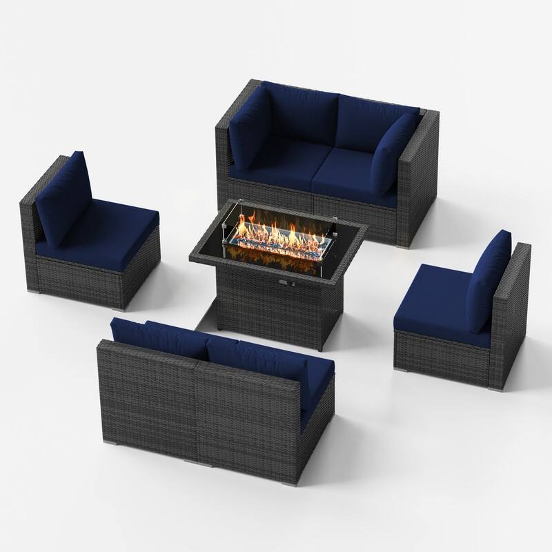 7 Piece Outdoor Sectional Modular Wicker Patio Conversation Set with 43'' Fire Pit Table and Cushion