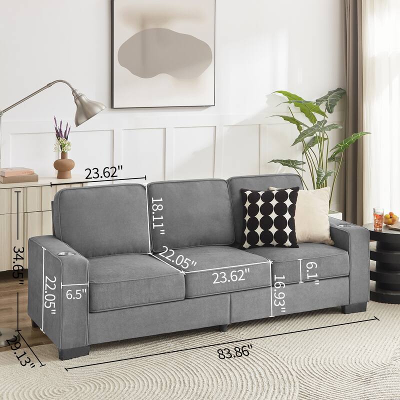 84.25" Velvet 3-Seater Sofa with Cup Holder Armrests and High-Density Spring Cushions