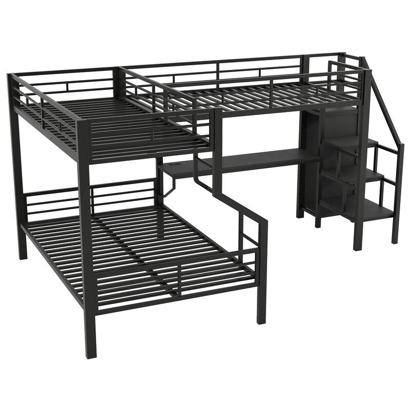 Roomfitters Twin Over Full L-Shaped Metal Bunk Bed with Integrated Desk and Storage Stairs, Heavy Duty Loft Frame, Black