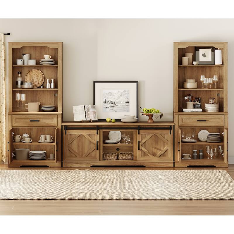 Modern Farmhouse TV Stand with Bookcase for 65" 75" TV with Barn Door for Living Room, Bedroom & Home Office