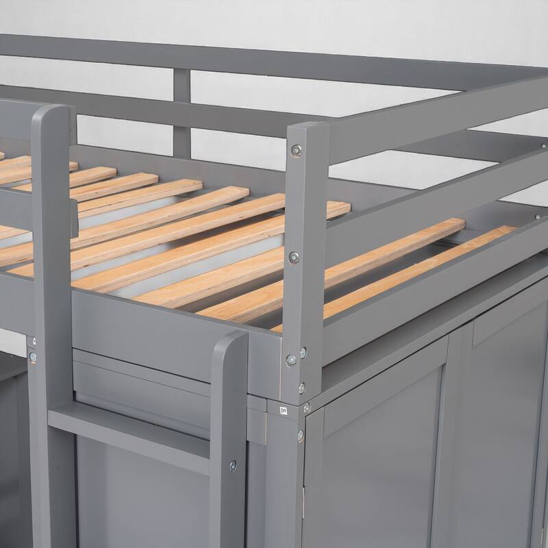 Wooden Twin/Full Loft Bed with Built-in Desk, Wardrobe Closet & Storage Drawers, Guardrail Design