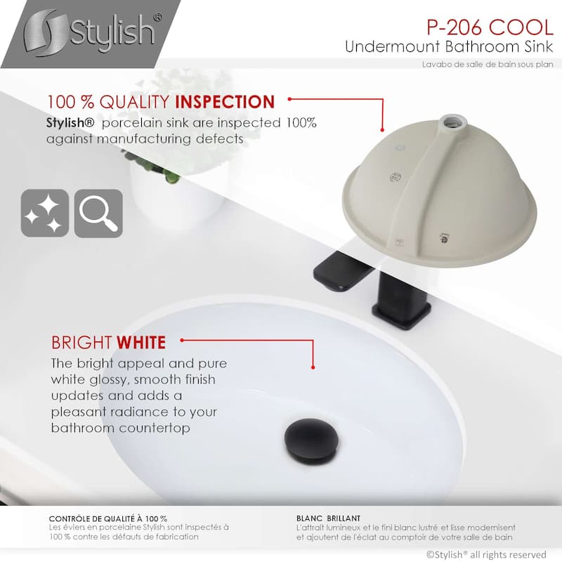 STYLISH 19.5 inch Oval Undermount Porcelain Bathroom Sink with 2 Overflow Finishes