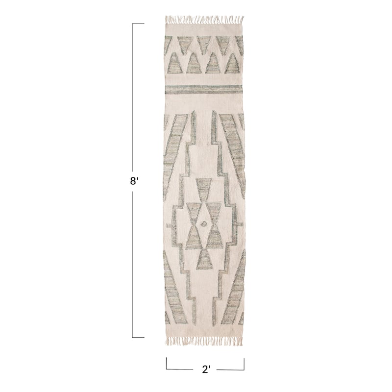 Hand-Woven Cotton & Wool Kilim Floor Runner, Variegated Green & Cream Color - 2' x 8'