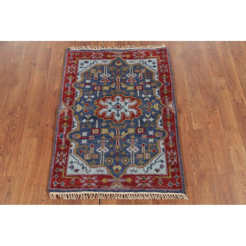 Blue Geometric Kazak Indian Accent Rug Hand-Knotted Wool Carpet - 2'0"x 3'0"