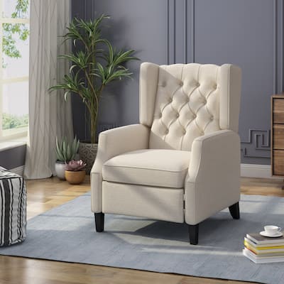Beige Fabric Mid-Century Wingback Push-Back Recliner with Footrest, Button-Tufted Backrest