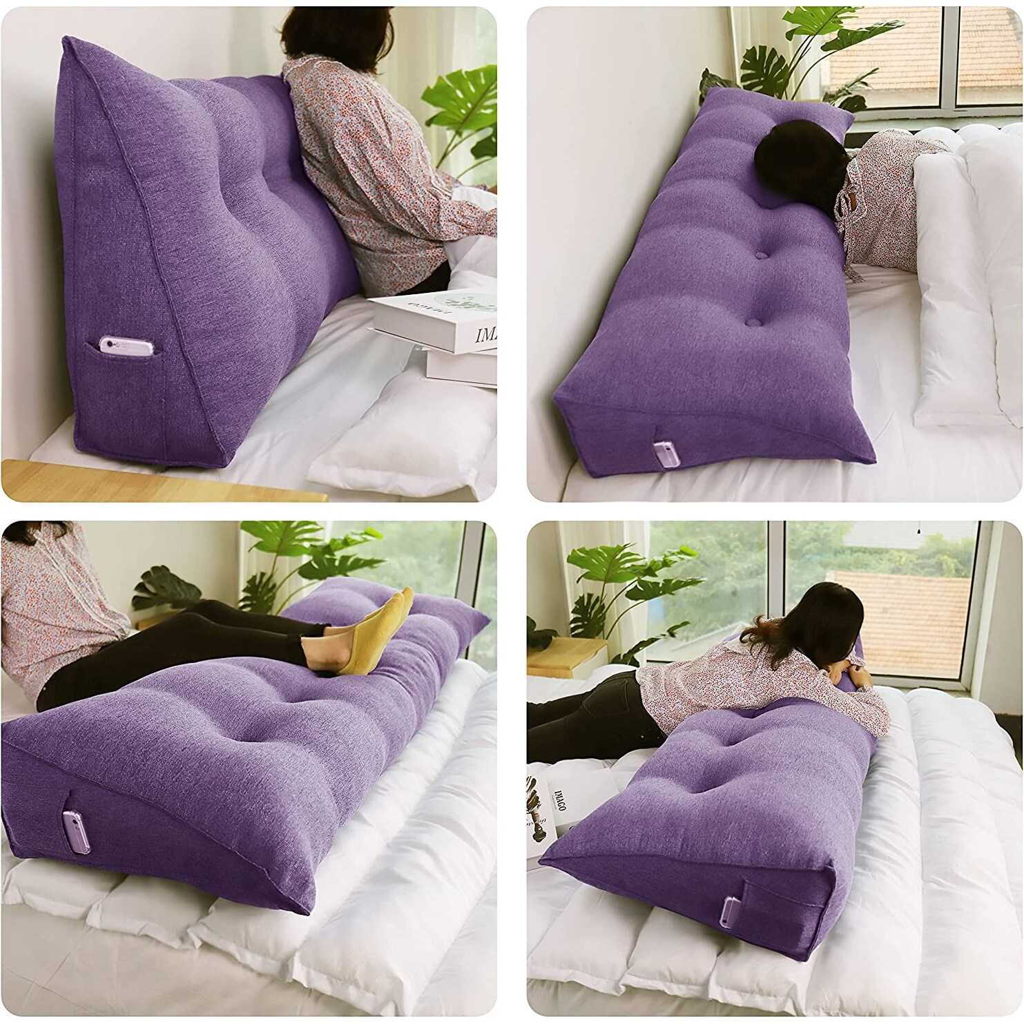 WOWMAX Bed Rest Wedge Reading Pillow Purple Linen Blend Soft Sturdy Bed Bath Beyond 30986717
