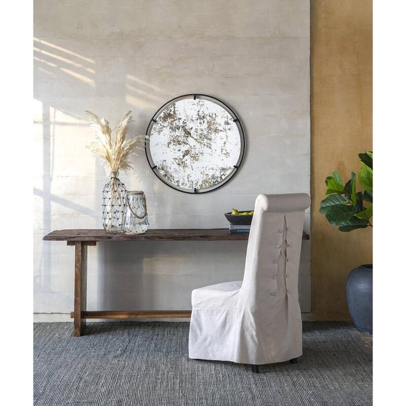 Black Iron Round Wall Mirror with Antique Finish, Vertical Accent Design - 0.7” x 31.5” x 31.5” (D x W x H)