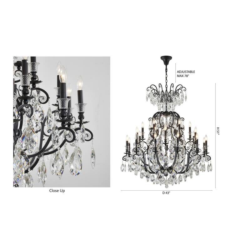 24-Light Matte Black Chandelier With Clear Hanging Crystals