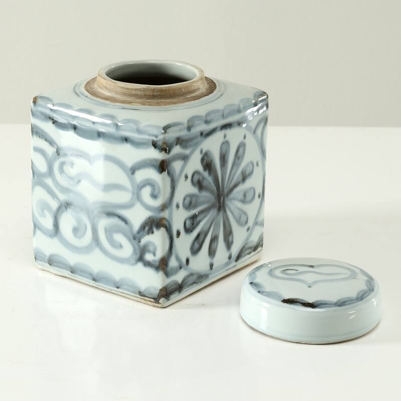 Approx.8 Inches Subtle Blue and White Square Jar with Floral Motif