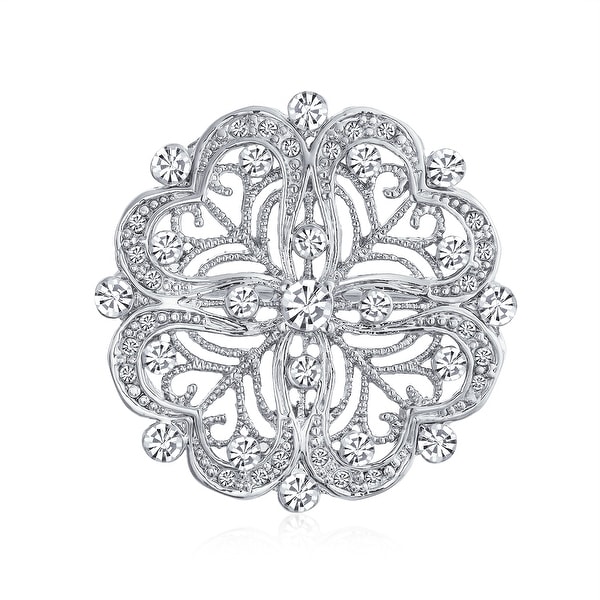 Vintage Antique Style Floral Heart Filigree CZ Brooch Pin For Women Silver Plated Brass