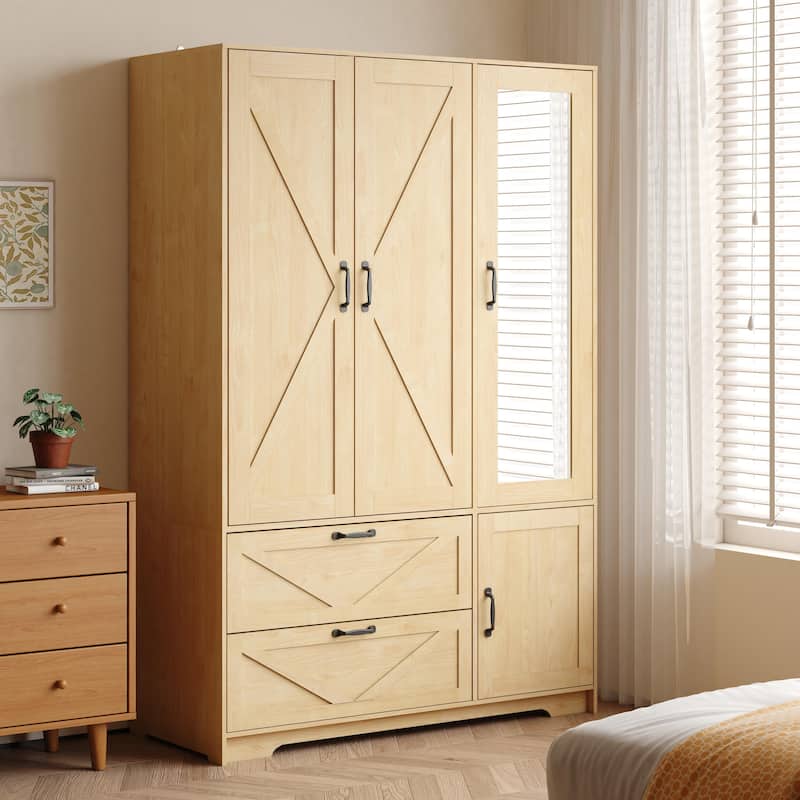 LED Wardrobe Cabinet Bedroom Tall Armoire with Mirror, Folding and Hanging Areas