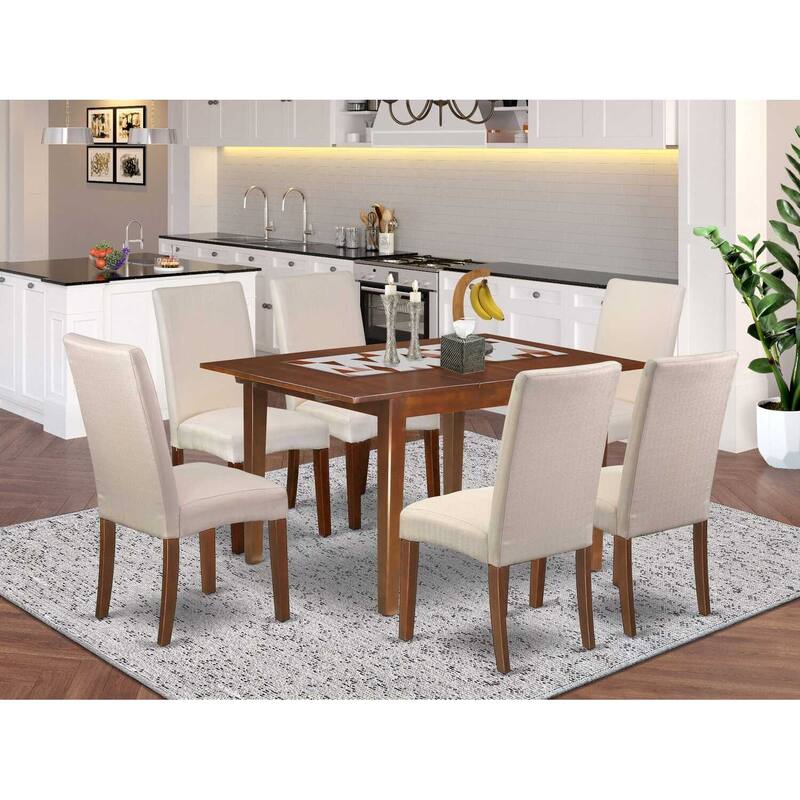 HomeStock 7-Piece Rectangle Mahogany Finish Solid Wood Top Dining Table with 6 Parson Chairs with Lattice Back