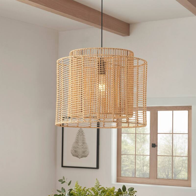 Farmhouse 1-Light Handmade Paper Rope Weaving Hanging Lamp for Living Room Bedroom