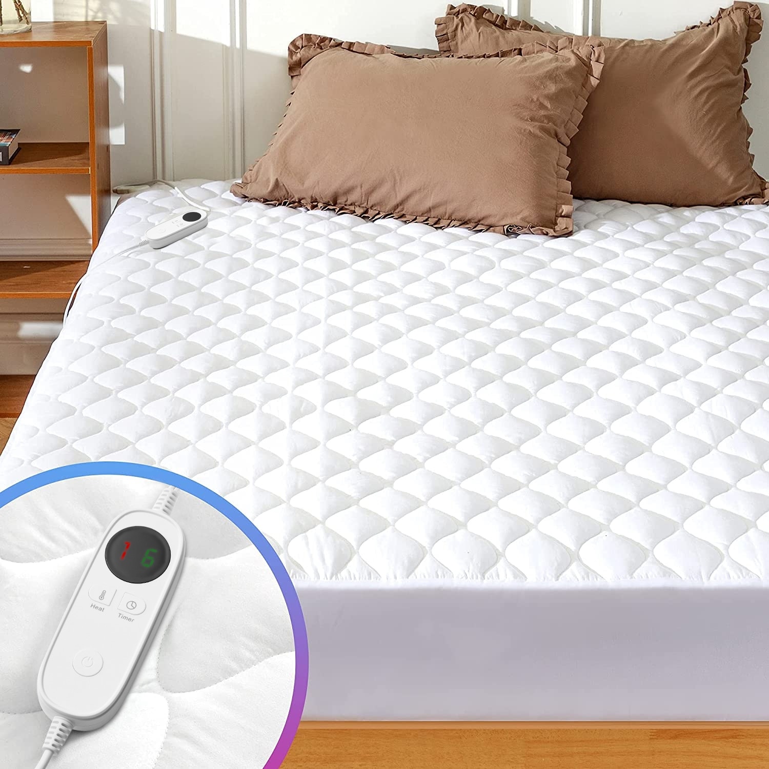 Temperature Regulating Quilted Electric Heated Mattress Pad Full White