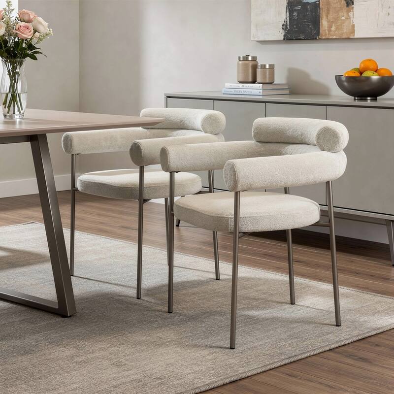 HomeRoots Set of Two Light Gray and Gunmetal Boucle and Stainless Steel Open Back Dining Arm Chairs - Set of 2 - 26.00 in. x 30.00 in. x 25.00 in. - Light Gray