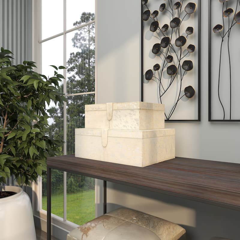 Gray, Silver or Gold Leather Handmade Cowhide Storage Box with Silver Foil Accents (Set of 2)