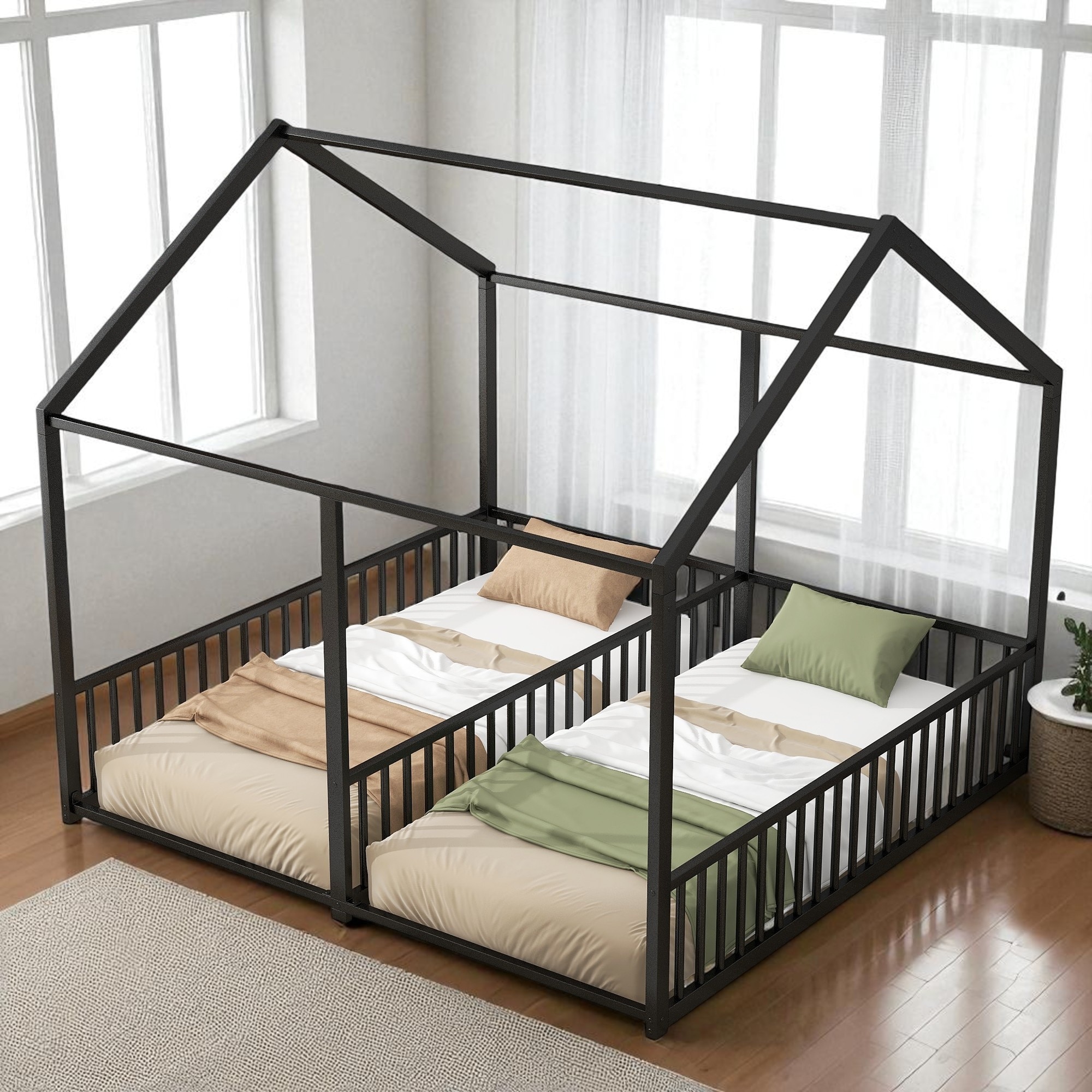 Metal Twin Size House Platform Bed Frame with Roof Design and Side-by-Side Shared Beds