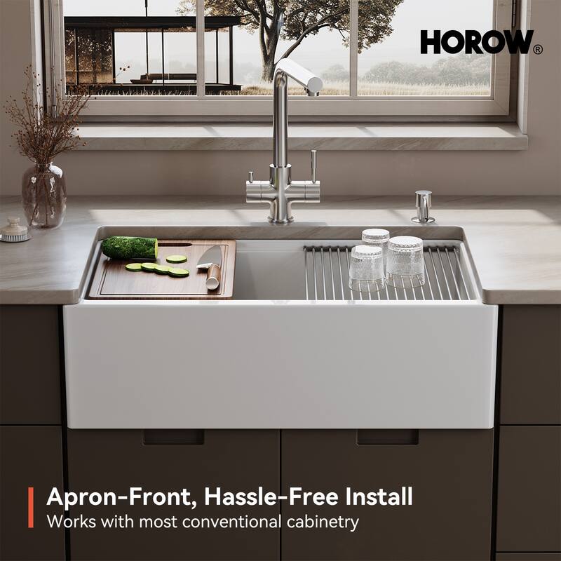 HOROW 33 in. Farmhouse Single Bowl White Ceramic Kitchen Sink with Front Apron, Workstation, Bottom Grid and Strainer