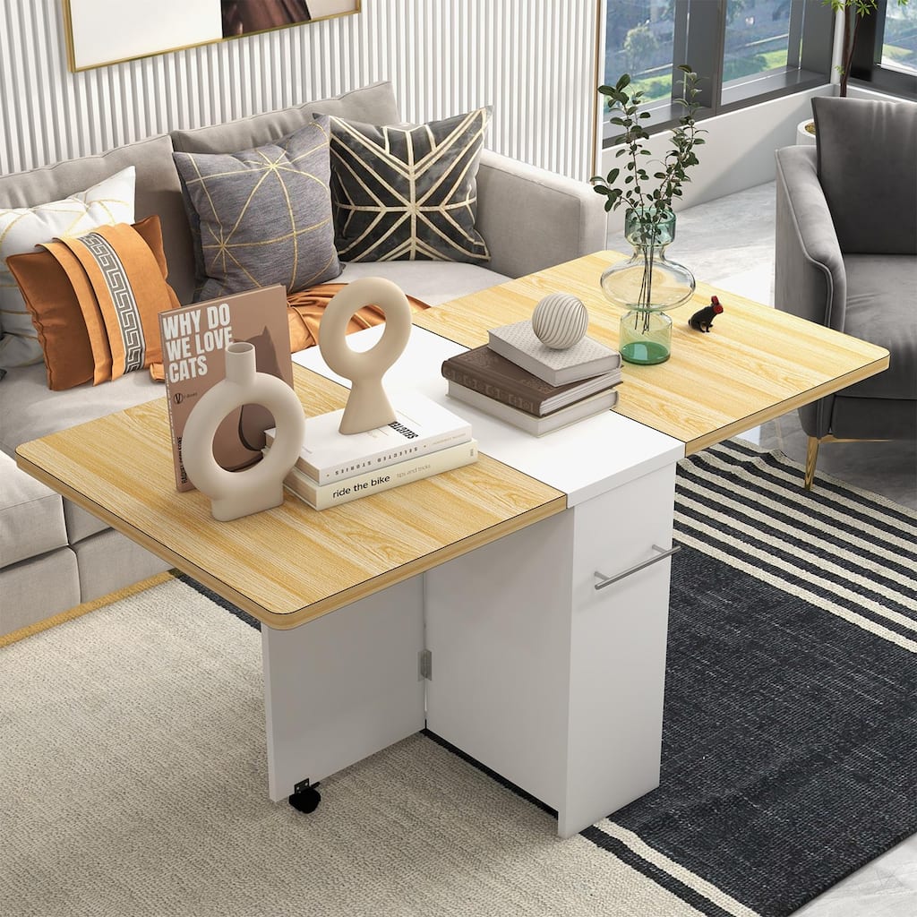 Folding Dining Table with Drop Leaf and Storage Rack for Small Spaces