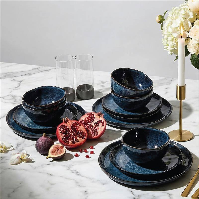 Stone Lain Mirella Stoneware, Borosilicate Glass Dinnerware Set - Blue - 32 Piece