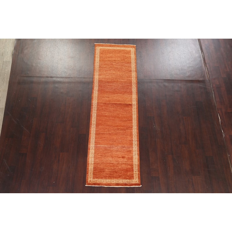 Orange Bordered Oriental Gabbeh Kashkoli Wool Runner Rug Hand-knotted - 2'8" x 8'11"