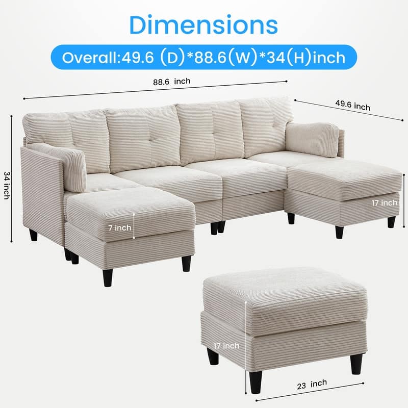 Mixoy W89inch U-Shaped Corduroy Sectional Sofa with Reversible Ottoman,Upholstered 4-Seater Sofa