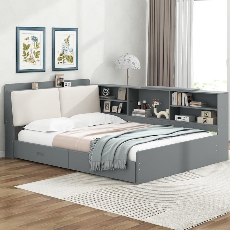 Wood Full Size Modern Platform Bed w/Flip Storage Upholstered Headboard, Shelves & 2 Drawers, Low-Profile Daybed Bed for Bedroom