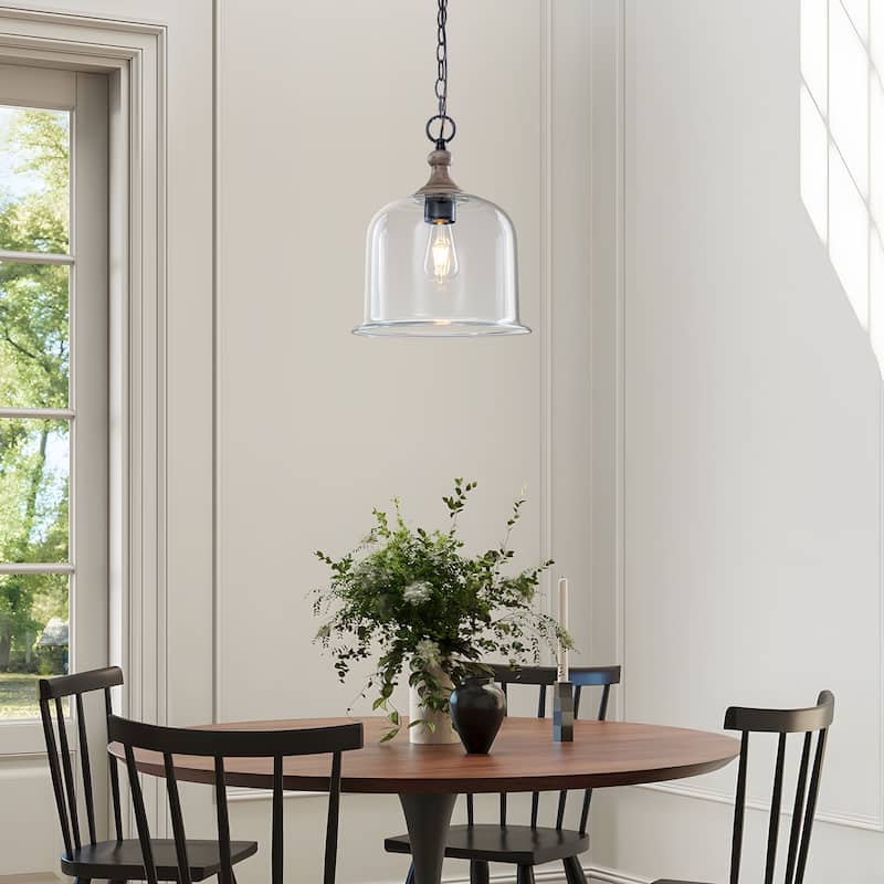 Starsky 1-Light Clear Glass Bell Jar / Cloche Pendant With Wood-Look Metal Accent - Cloche