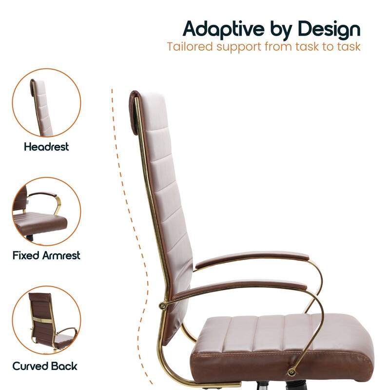 Benmar Ergonomic Ribbed Back Gold Frame Leather Executive Office Chair with Adjustable Height, Tilt, Swivel & Smooth Casters