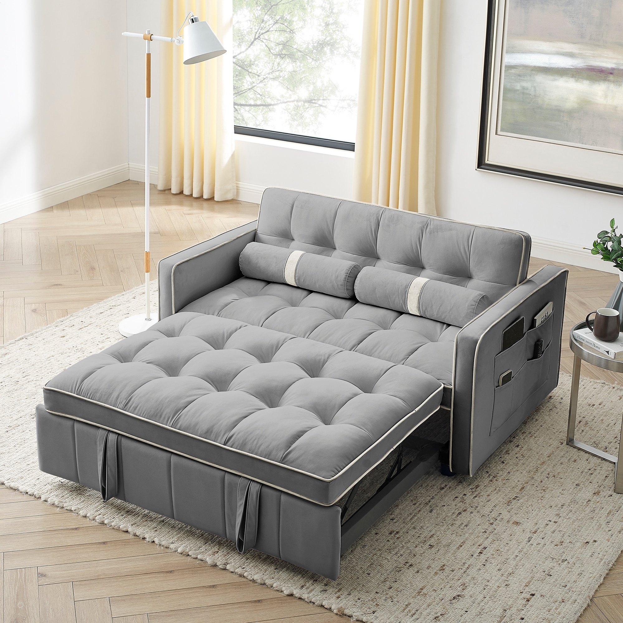 White Folding Sofa Velcro Fixed Arms Sleeper Loveseat w/ Coffee Table - Bed  Bath & Beyond - 39450133
