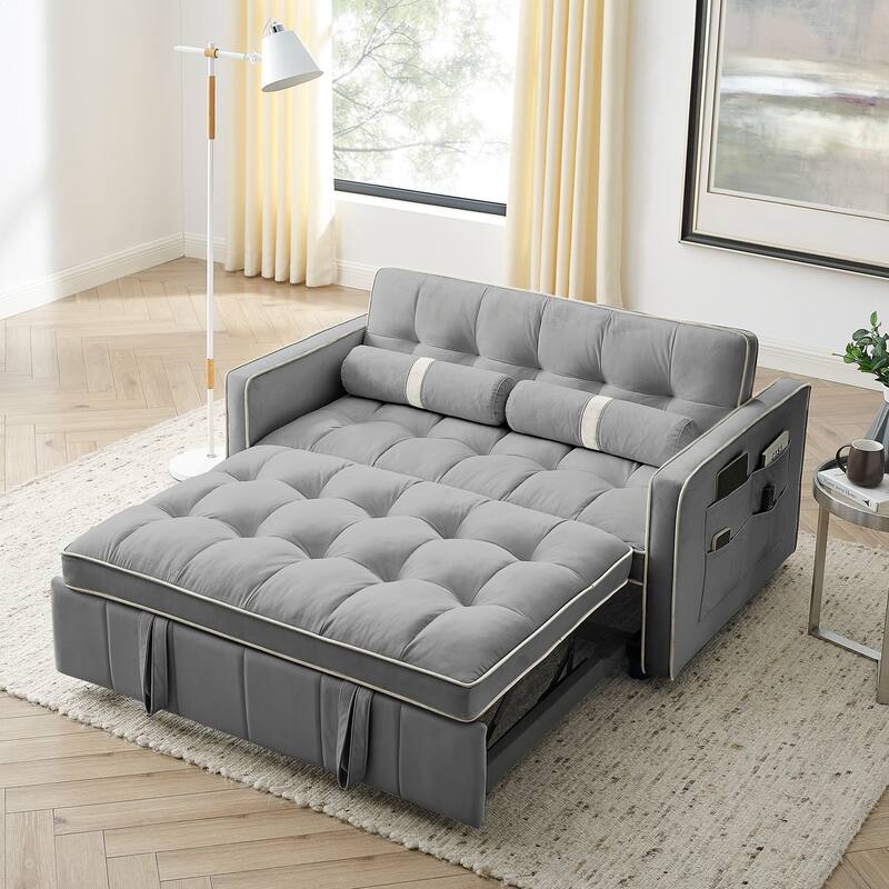 Velvet Pull Out Sleeper Sofa Bed, Adjustable Backrest Upholstered Tufted Couch Futon Sofa with 2 Pillows, Pockets - Grey